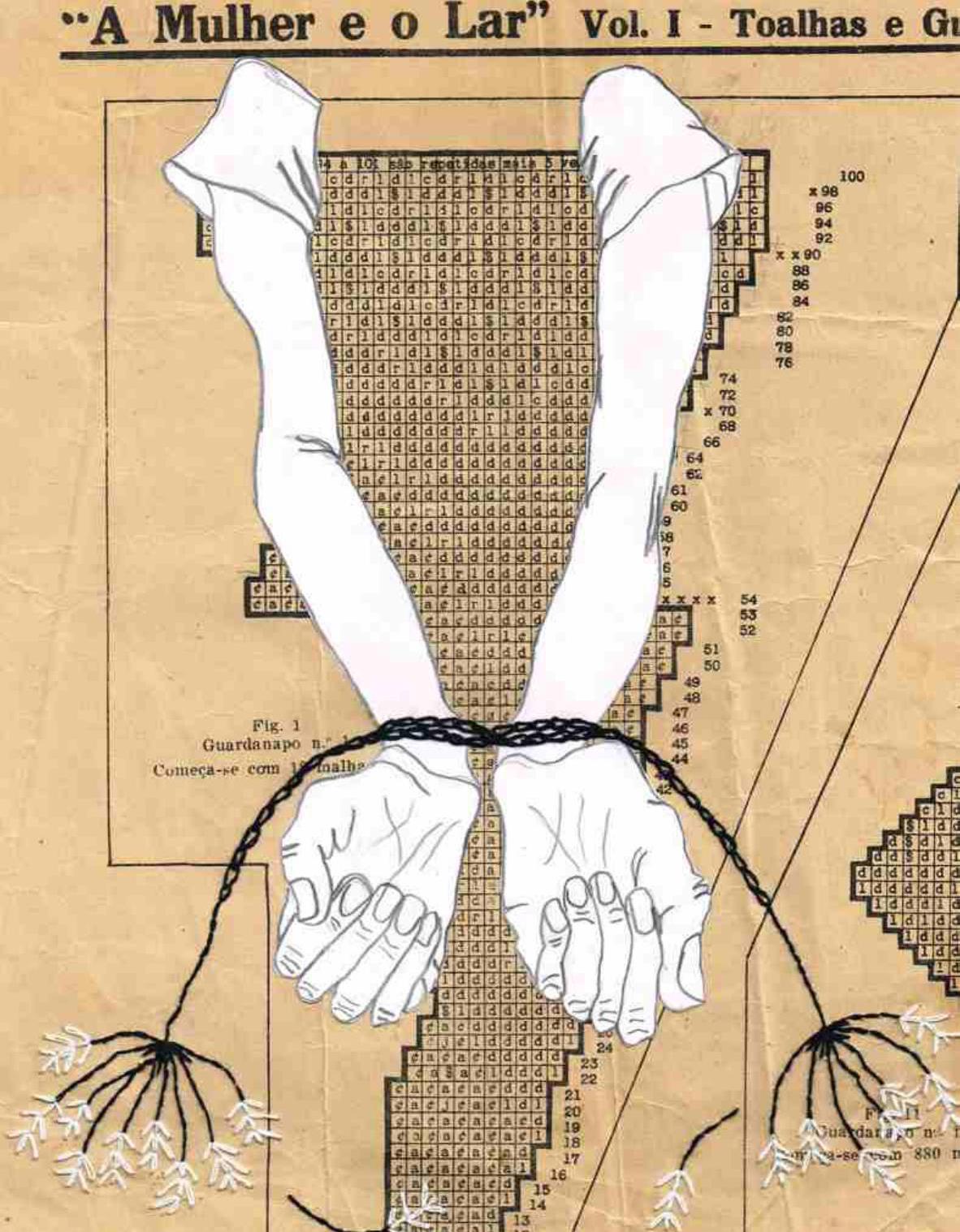 Mulher e o lar em ponto corrente, 2016. Desenho bordado sobre papel, 29,7x21cm.