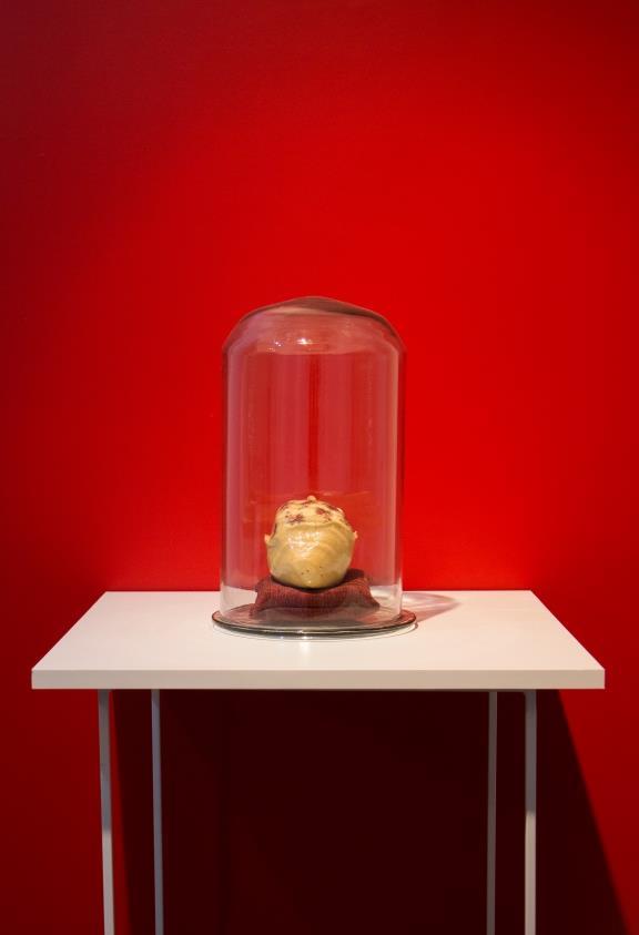 Relicário, 2018. Cerâmica, redoma de vidro, almofada de tecido, 35x23cm.