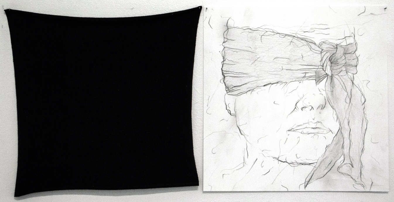 Corpo vencido I, 2018. Tecido e grafite sobre papel, 22x22cm.