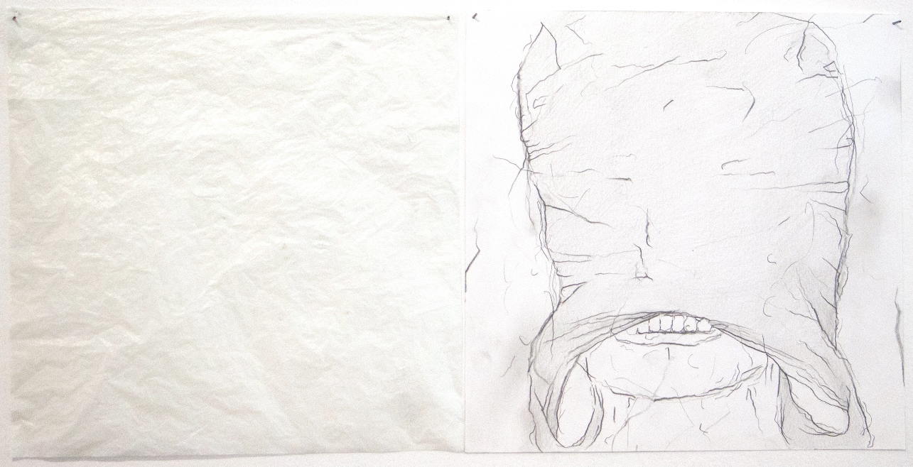 Corpo vencido III, 2018. Plástico e grafite sobre papel, 22x22cm.