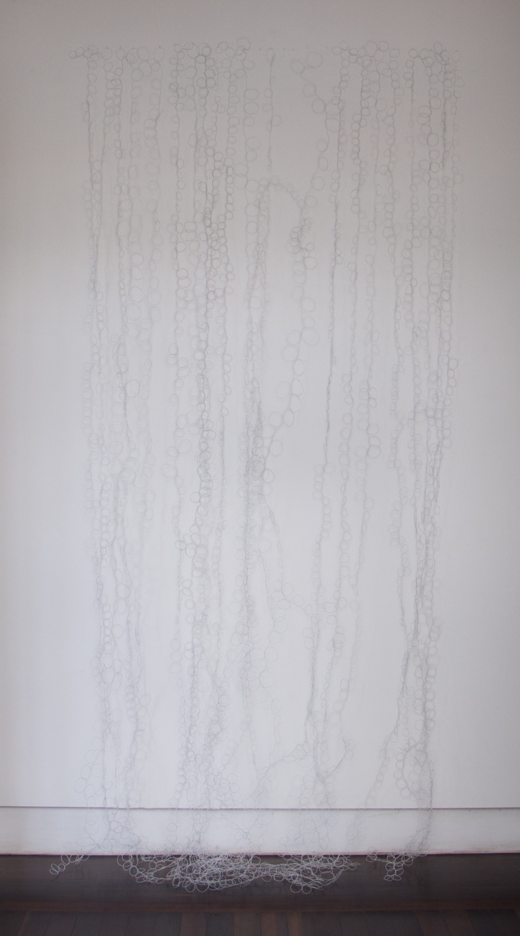 Sem título, 2010. Fio metálico revestido e prego sobre parede, 120x230x1,8cm.