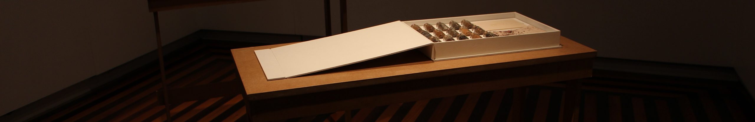 Inventário de terras, 2014. Mesa, caixa, frascos de vidro com terras, placa de cerâmica e livro de fotografias, dimensões var